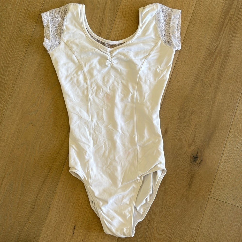 So Danca pinch front white leotard lace shirt sleeve